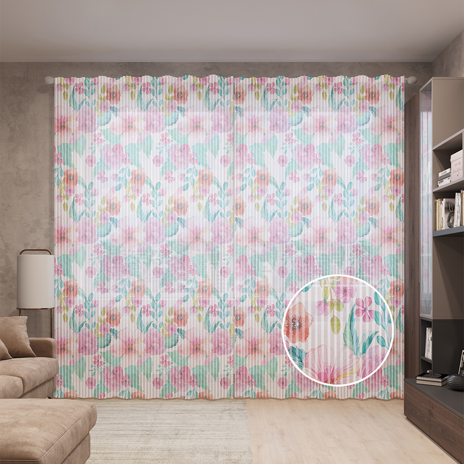 фото Тюль вуаль joyarty "цветочная композиция в акварели", 310х265 см