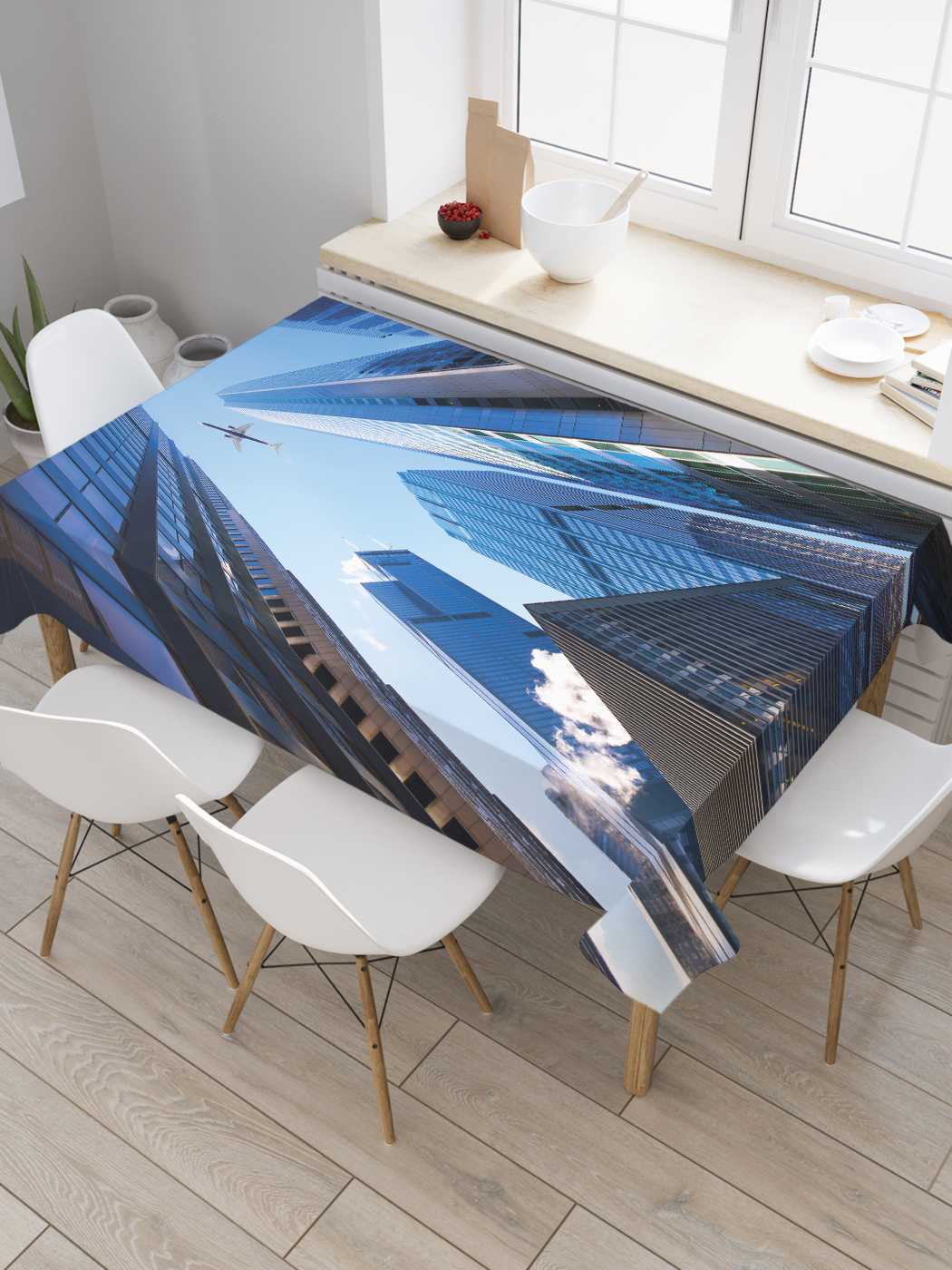 

Скатерть прямоугольная JoyArty "Самолет над небоскребами" из оксфорда, 180x145 см, Синий, Самолет над небоскребами