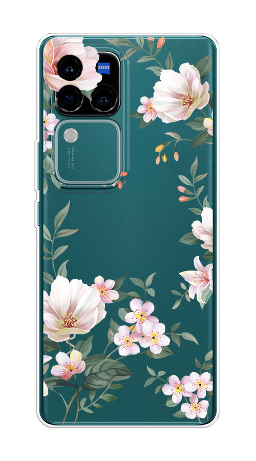 

Чехол на Vivo V30 Pro/S18 Pro "Beautiful white flowers", Бежевый;зеленый, 2610050-1