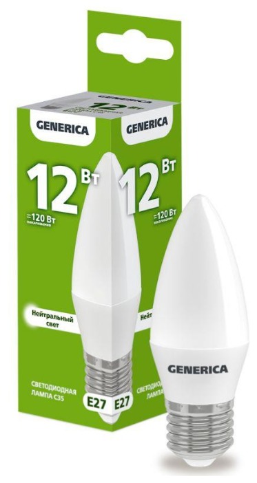 Лампа светодиодная C35 12Вт свеча 4000К E27 230В GENERICA LL-C35-12-230-40-E27-G 234₽