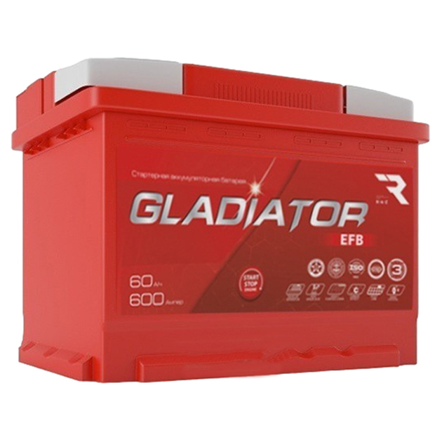 

Gladiator аккумуляторная батарея емкостью 60 А/ч, обратной полярности, тип вывода конус. G