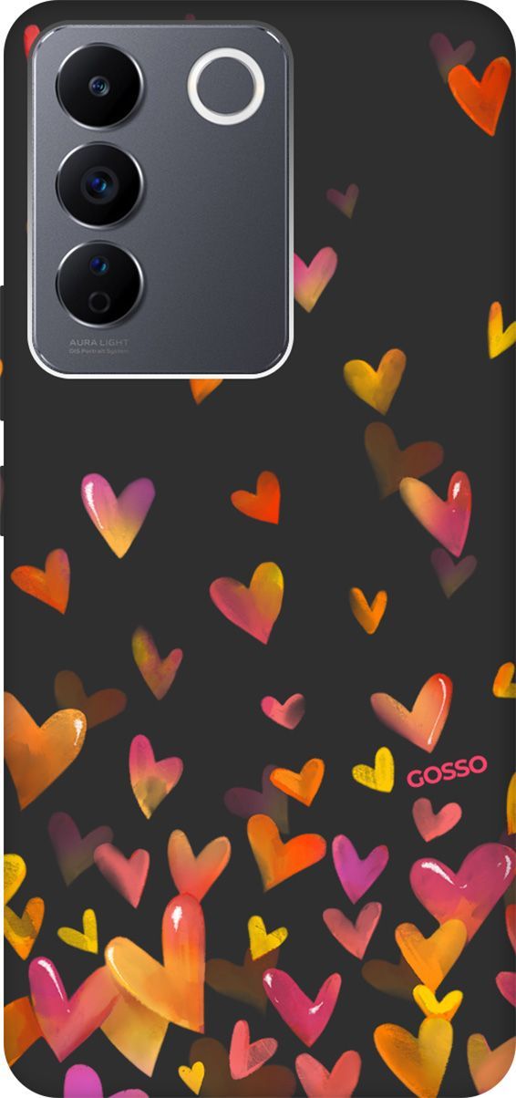 

Матовый Soft Touch Чехол на Vivo V27e с 3D принтом "Flying Hearts" черный, Черный;желтый, 159633