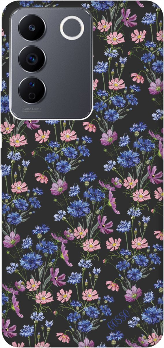 

Матовый Soft Touch Чехол на Vivo V27e с 3D принтом "Lovely Cornflowers" черный, Черный;голубой, 159633