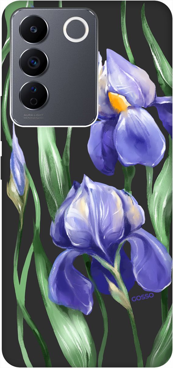 

Матовый Soft Touch Чехол на Vivo V27e с 3D принтом "Amazing Irises" черный, Черный;зеленый, 159633