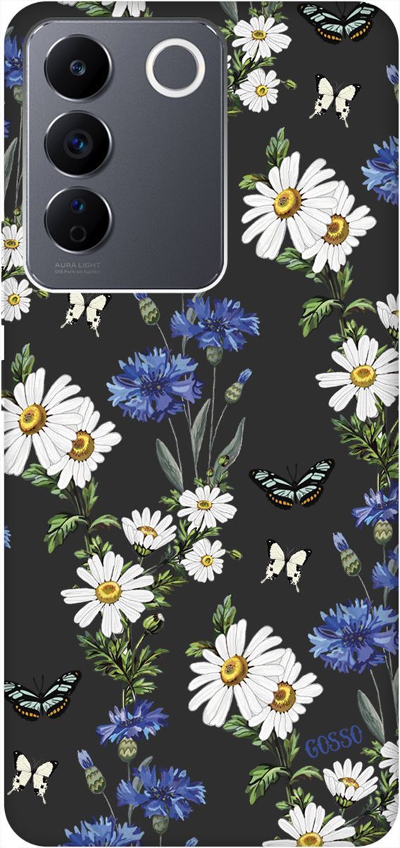 

Матовый Soft Touch Чехол на Vivo V27e с 3D принтом "Hello, Camomiles" черный, Черный;белый, 159633