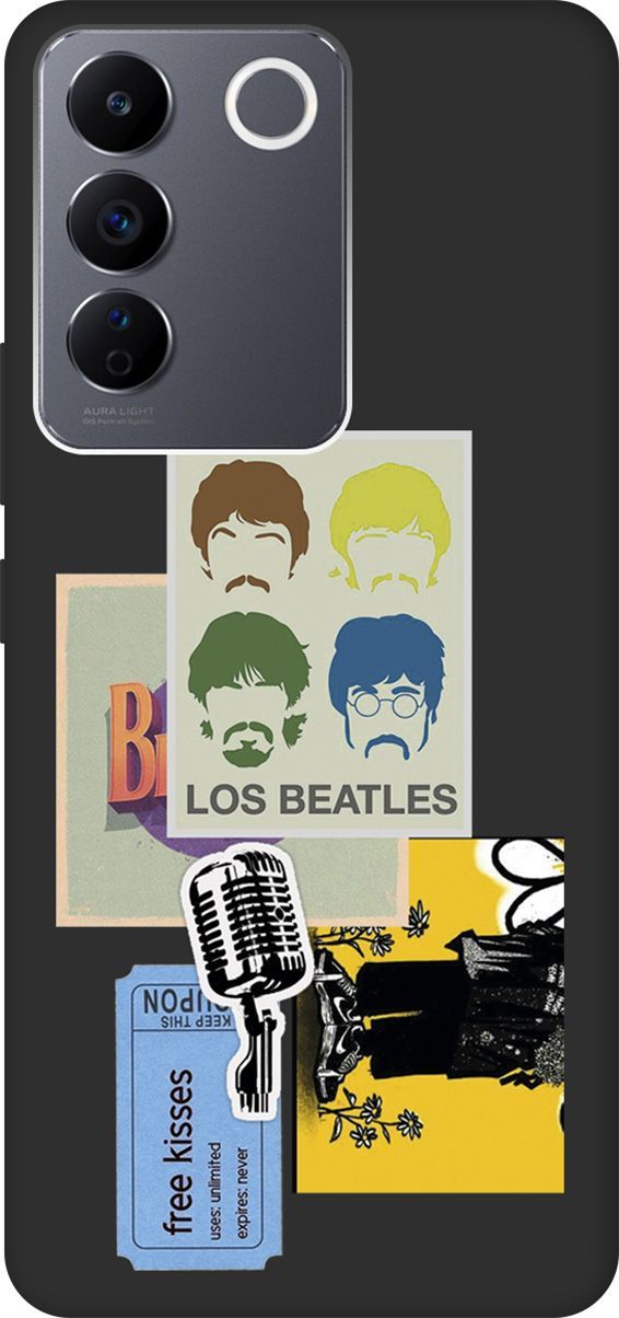

Матовый Soft Touch Чехол на Vivo V27e с 3D принтом "Beatles Stickers" черный, Черный;белый, 159633
