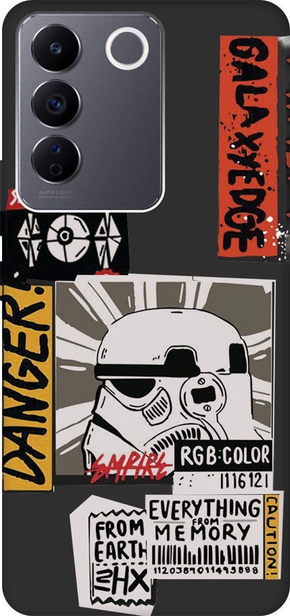 

Чехол на Vivo V27e с 3D принтом "Stormtrooper Stickers" черный, Черный;белый, 159633