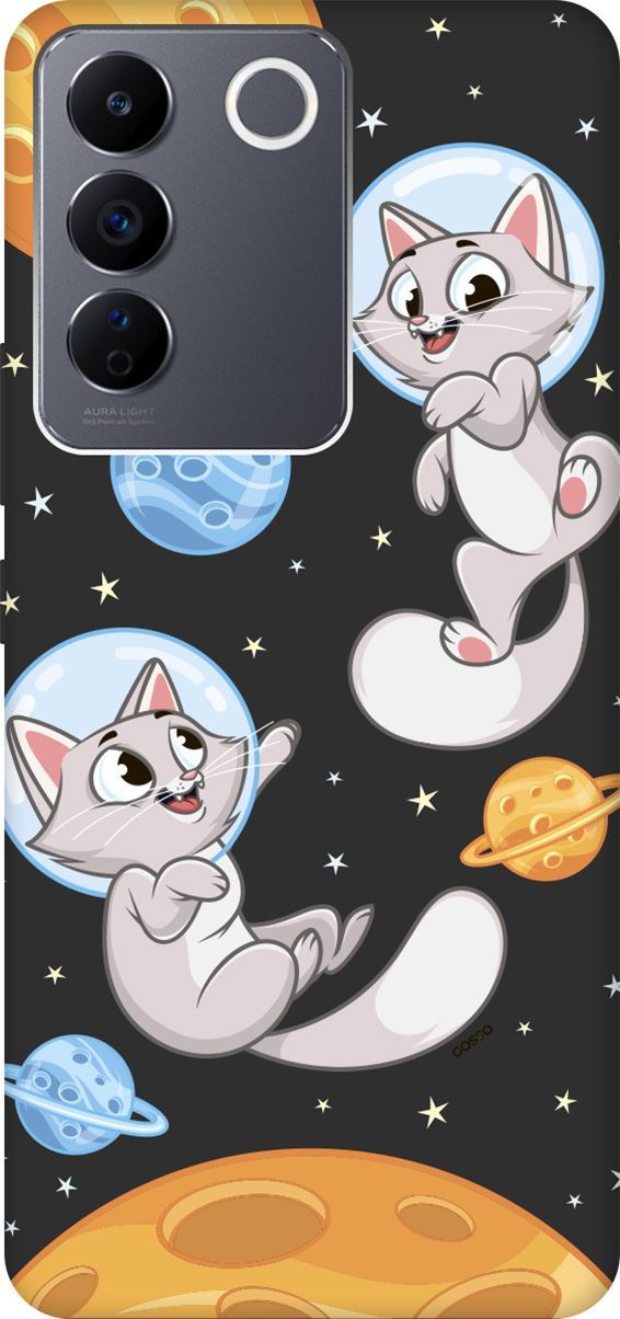 

Матовый Soft Touch Чехол на Vivo V27e с 3D принтом "CosmoCats" черный, Черный;серый, 159632
