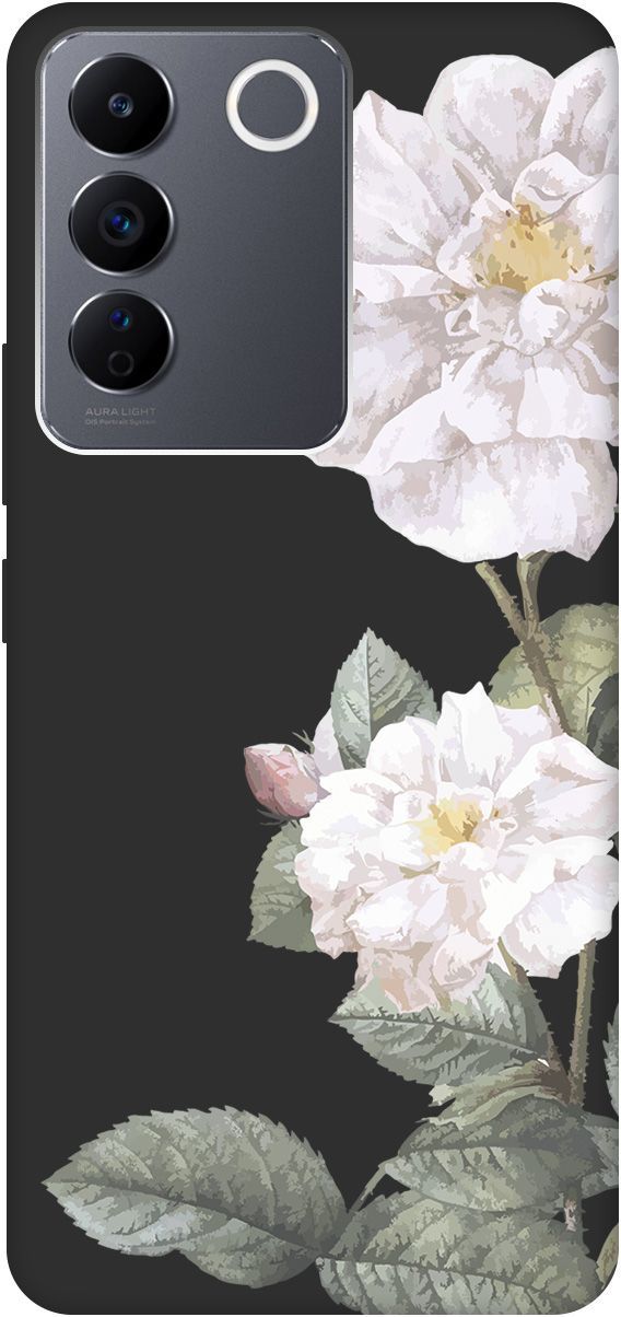 

Матовый Soft Touch Чехол на Vivo V27e с 3D принтом "White Rose" черный, Черный;желтый, 159632
