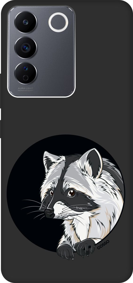 

Матовый Soft Touch Чехол на Vivo V27e с 3D принтом "Raccon in a Hollow" черный, Черный;белый, 159632