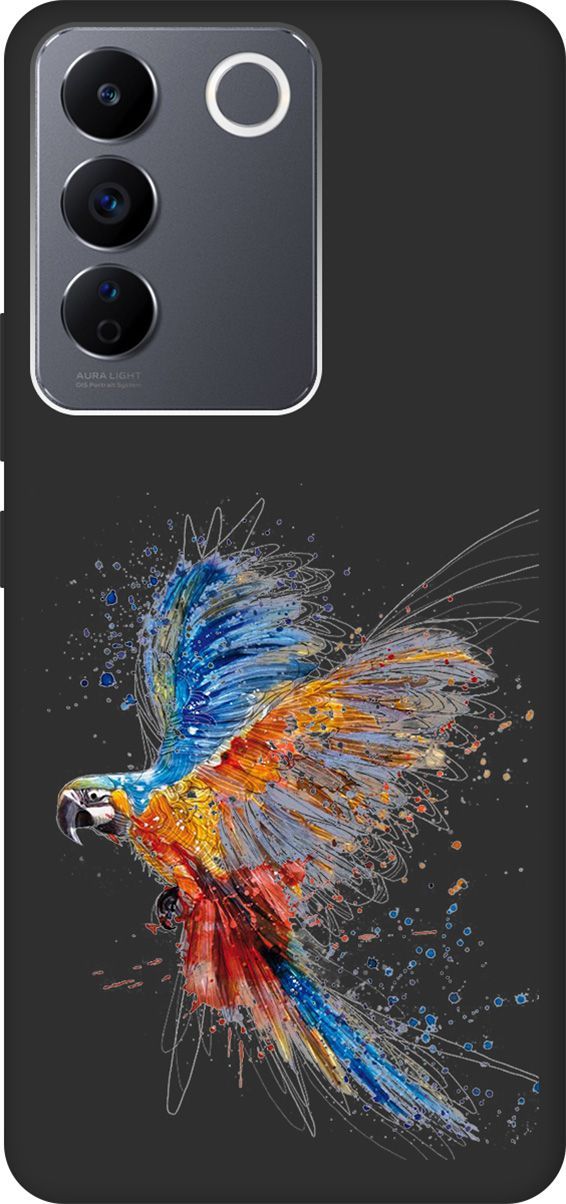 

Матовый Soft Touch Чехол на Vivo V27e с 3D принтом "Colorful Parrot" черный, Черный;красный, 159632