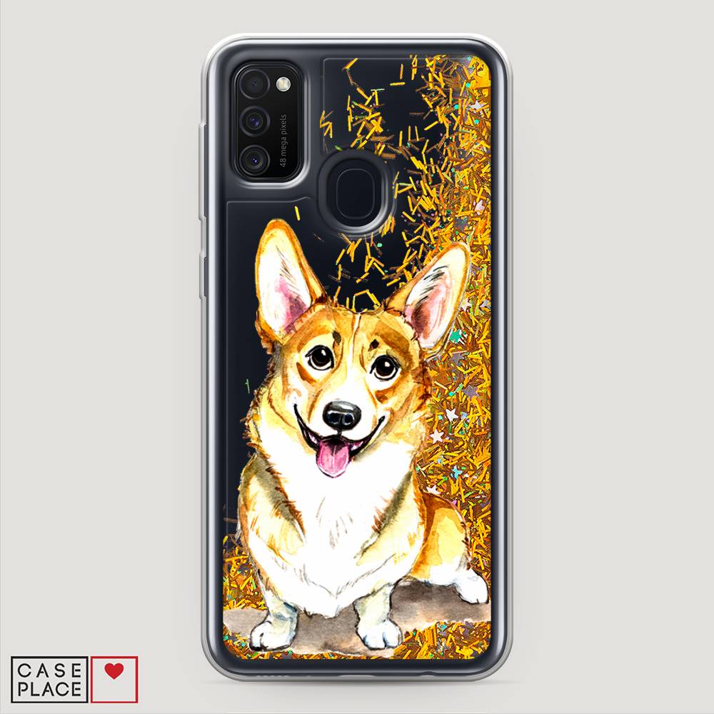 

Жидкий чехол с блестками "Малыш корги" на Samsung Galaxy M21, 29790-1