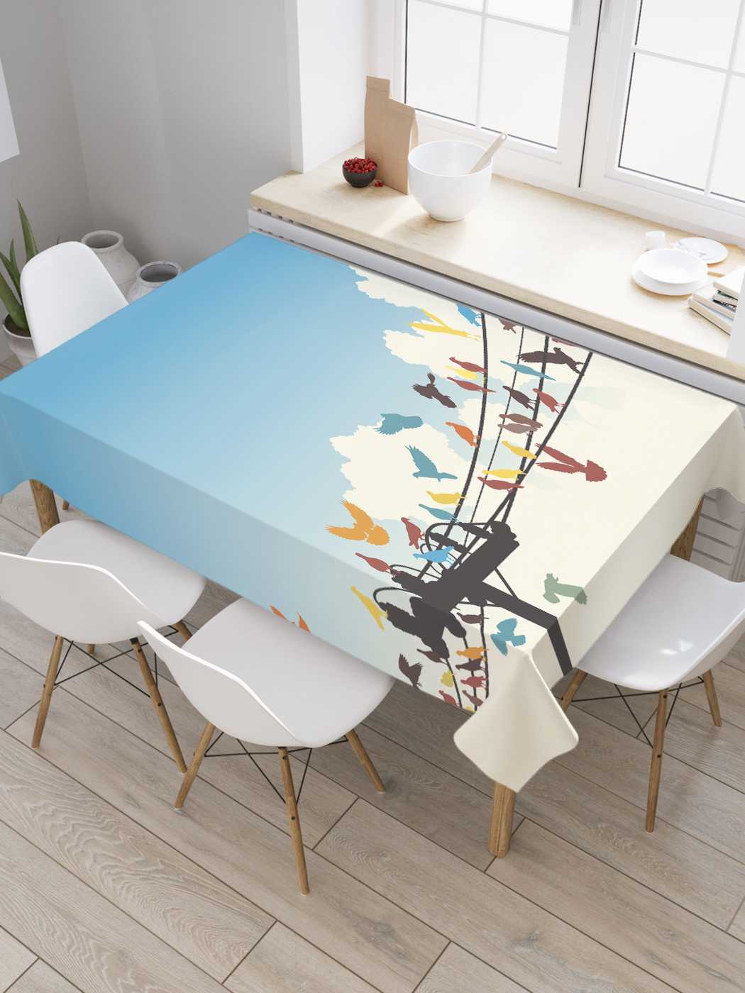 

Скатерть прямоугольная JoyArty "Цветные птицы на проводах" из оксфорда, 180x145 см, Голубой, Цветные птицы на проводах