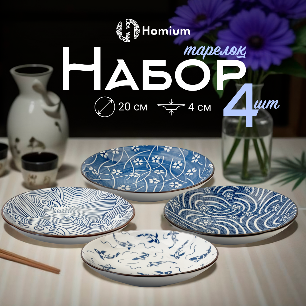 

Набор сервировочных тарелок Homium Japanese Collection Очарование 4шт цвет белый-синий, Japanese Collection