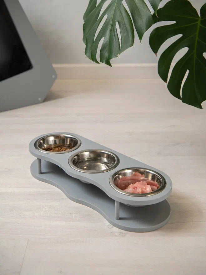 Миска для кошек Котомото тройная, подставка на деревянной основе, сталь, серая, 3x0,26 л