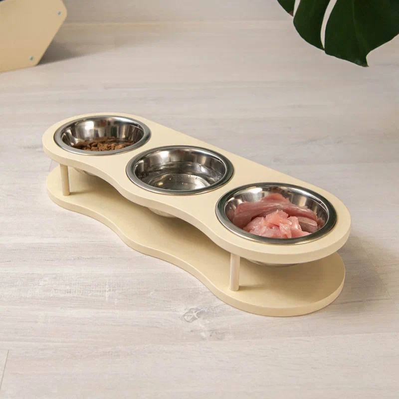 Миска для кошек Котомото тройная, подставка на деревянной основе, сталь, бежевая, 3x0,26 л