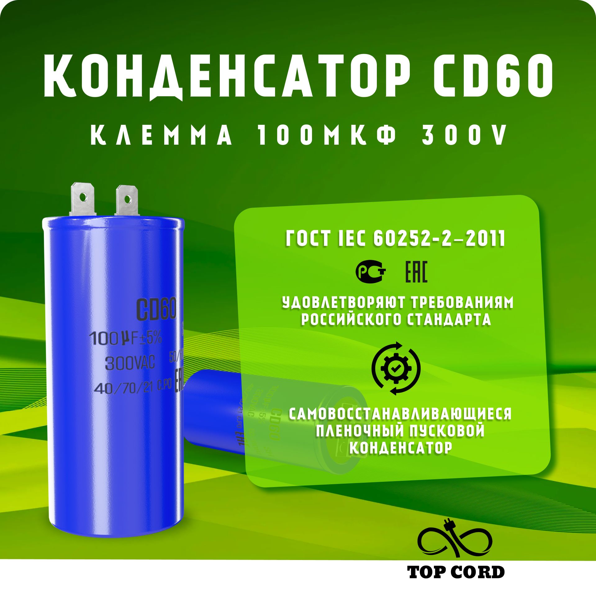 Конденсатор пусковой BV S032 100мкФ CD60 300V