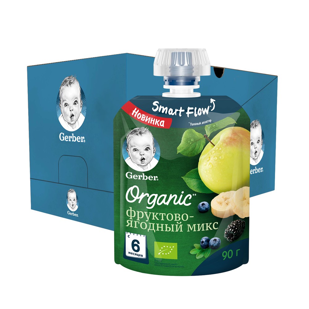 

Фруктовое пюре Gerber Organic Фруктово-ягодный микс, 16 шт. по 90 г, Фруктово-ягодный микс пауч
