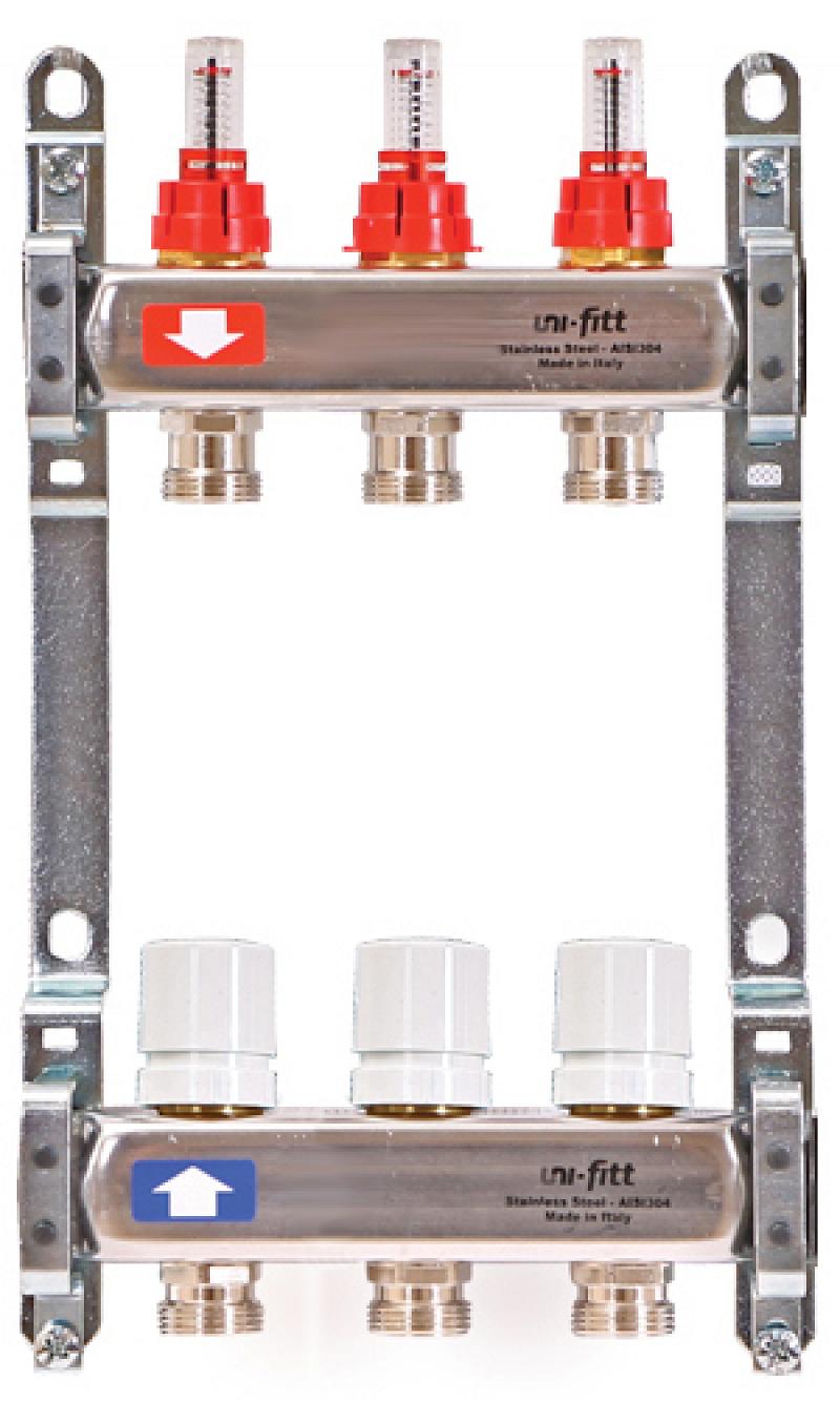 фото Коллекторная группа uni-fitt 1" х 3 вых 3/4" с расходомер. и вентил. без конц, нерж. сталь