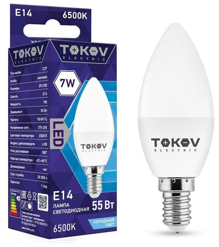 

Лампа светодиодная 7Вт С37 6500К Е14 176-264В TOKOV ELECTRIC TKE-C37-E14-7-6.5K