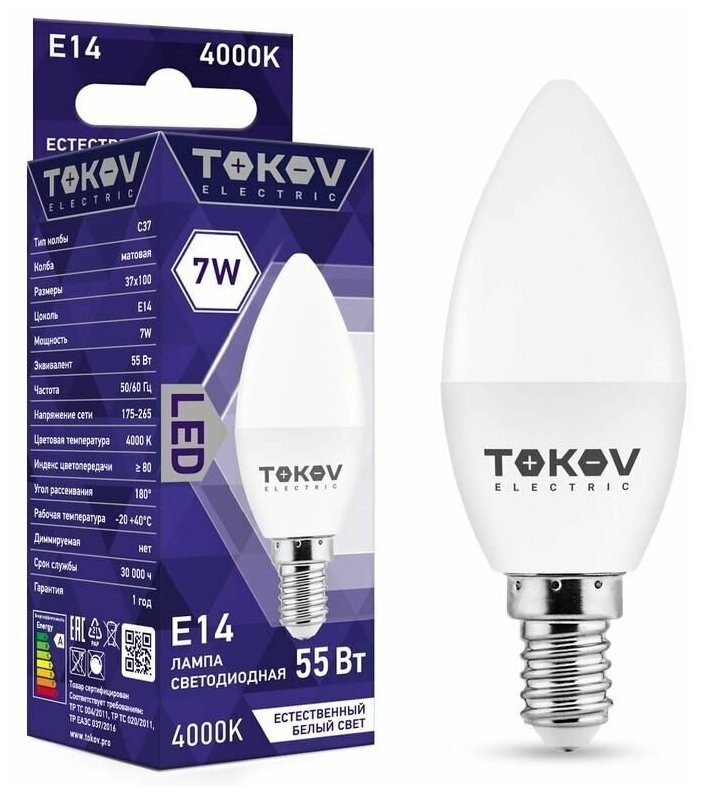 

Лампа светодиодная 7Вт С37 4000К Е14 176-264В TOKOV ELECTRIC TKE-C37-E14-7-4K