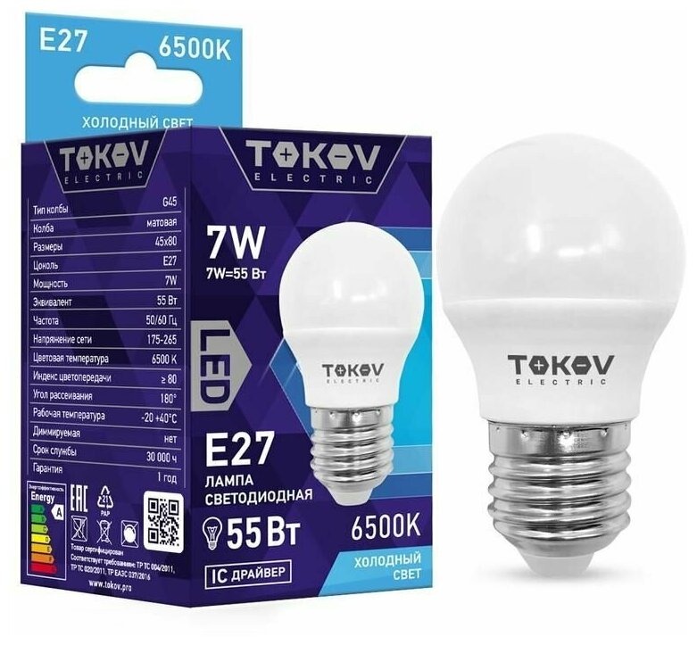 

Лампа светодиодная 7Вт G45 6500К Е27 176-264В TOKOV ELECTRIC TKE-G45-E27-7-6.5K