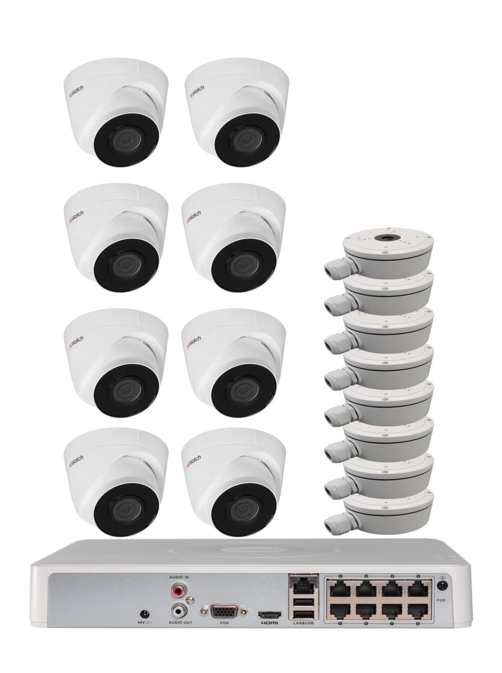 Комплект из 8-ми уличных купольных IP камер HiWatch (2Mpx/2.8mm) с питанием по PoE дюралайт tl fcb 3528 60l 240v 100m w белый