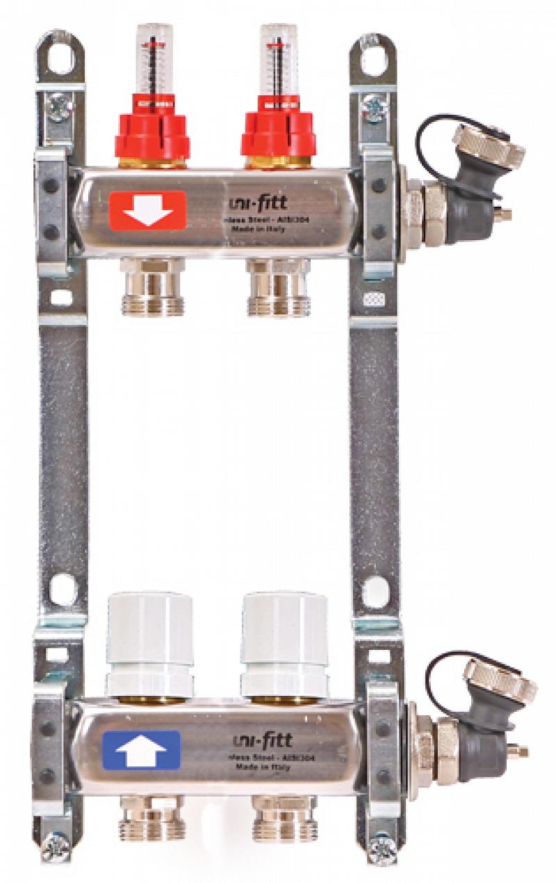 фото Коллекторная группа uni-fitt 1" х 2 вых 3/4" с расходомерами и вентилями, нерж. сталь