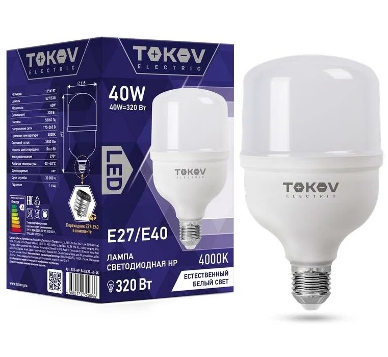 Лампа светодиодная 40Вт HP 4000К Е40/Е27 176-264В TOKOV ELECTRIC TKE-HP-E40/E27-40-4K