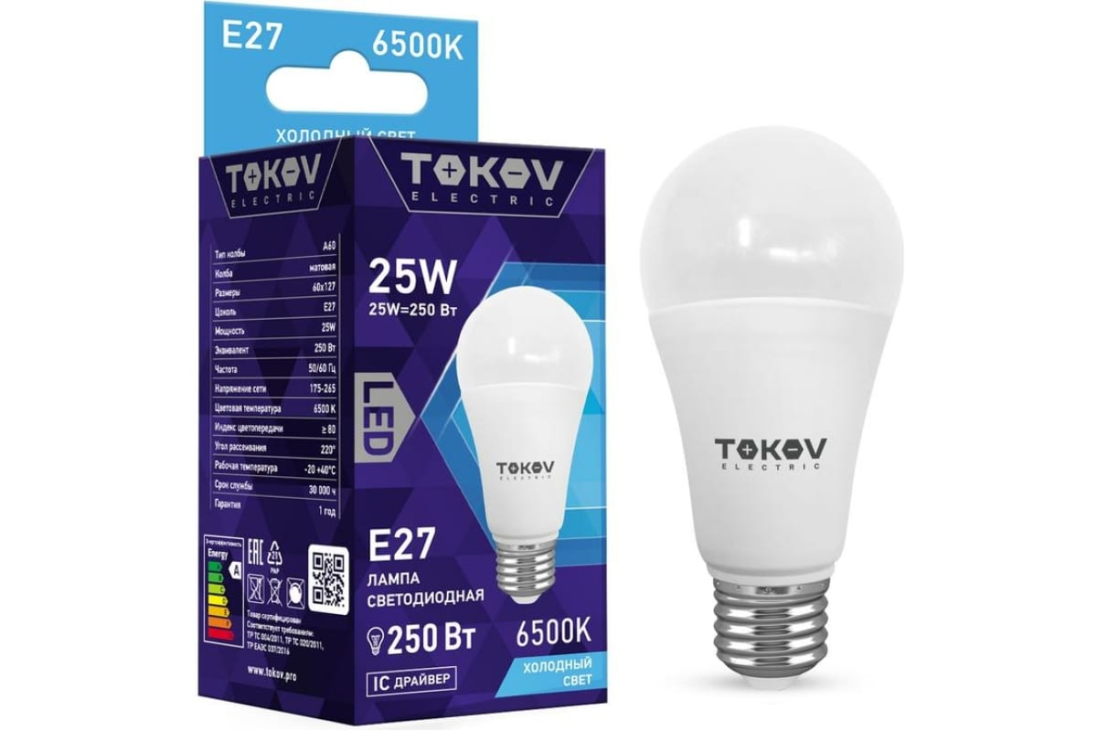 

Лампа светодиодная 25Вт А60 6500К Е27 176-264В TOKOV ELECTRIC TKE-A60-E27-25-6.5K