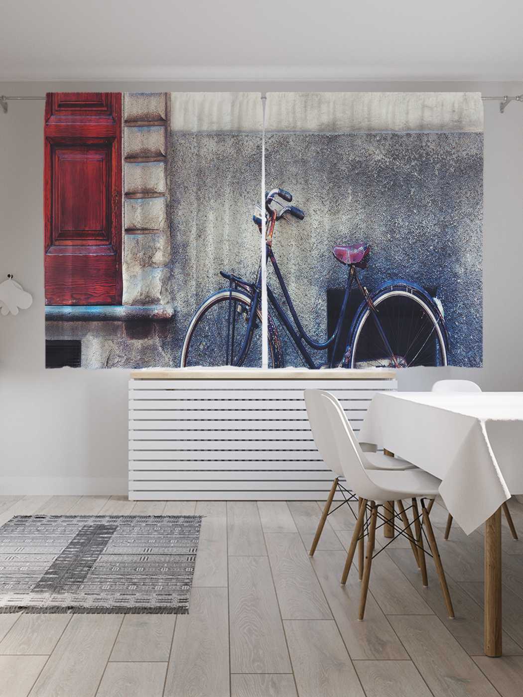 фото Классические шторы joyarty "велосипед под домом", серия oxford delux, 2 полотна 145x180 см