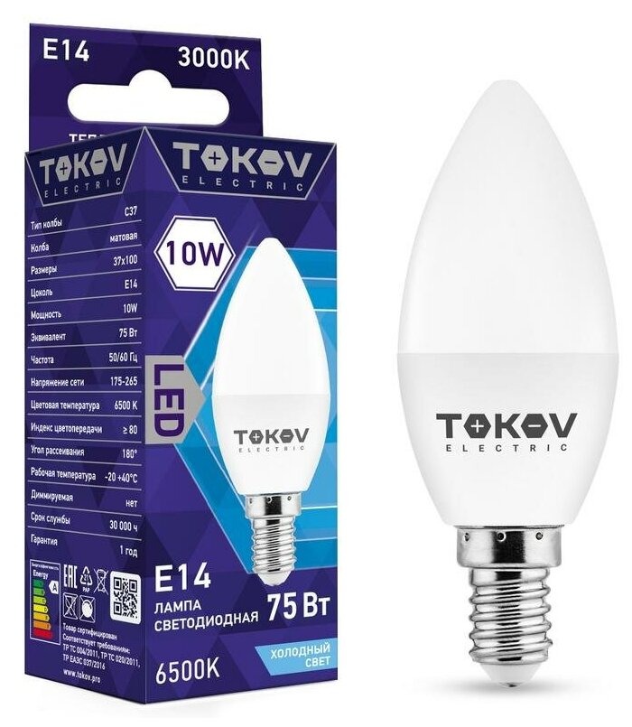 

Лампа светодиодная 10Вт С37 6500К Е14 176-264В TOKOV ELECTRIC TKE-C37-E14-10-6.5K