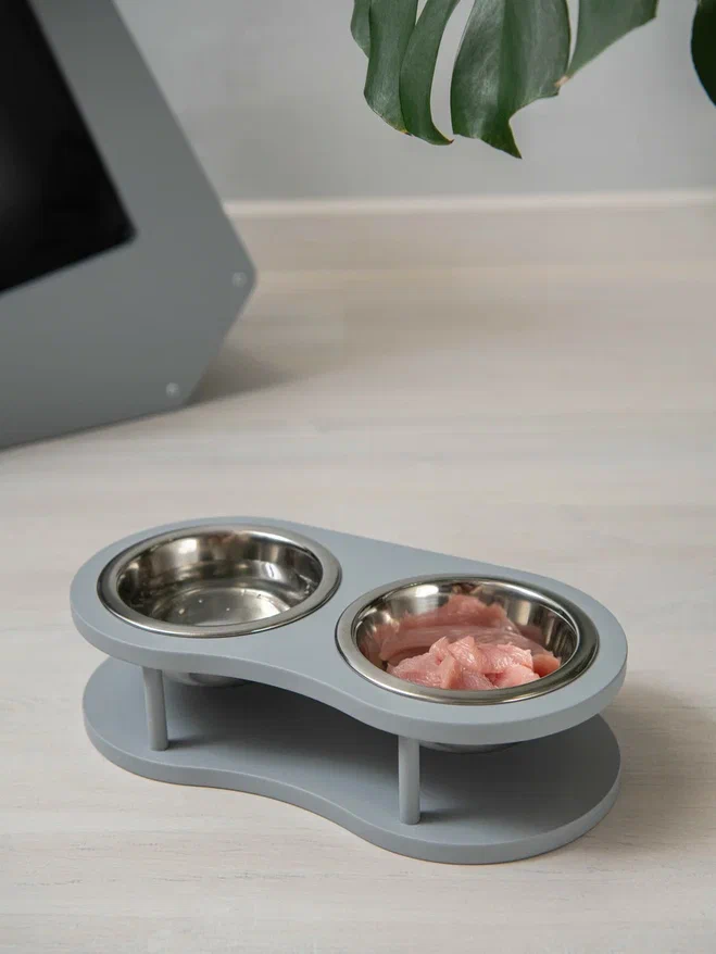 Миска для кошек Котомото двойная, на деревянной основе, сталь, серая, 2 по 0,26 л