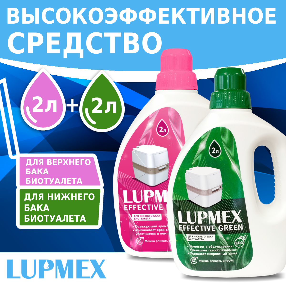 Набор жидкостей для биотуалета Lupmex Effective Green/Rinse 2+2 л