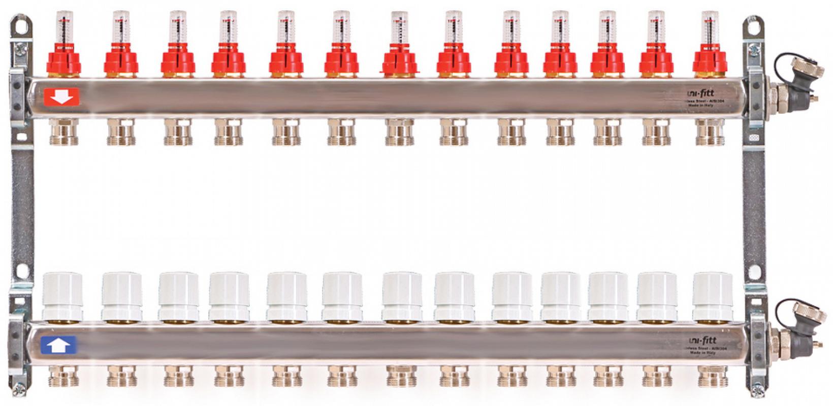 фото Коллекторная группа uni-fitt 1" х13 вых 3/4" с расходомерами и вентилями, нерж. сталь