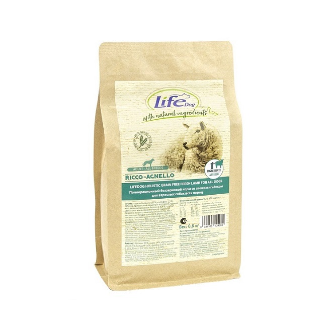 Сухой корм для собак Life dog Natural Holistic Grain Free, с ягненком, 800 г