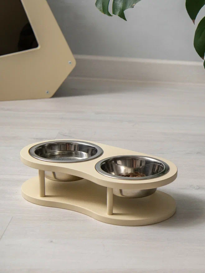 Миска для кошек Котомото двойная, на деревянной основе, сталь, бежевая, 2 по 0,26 л