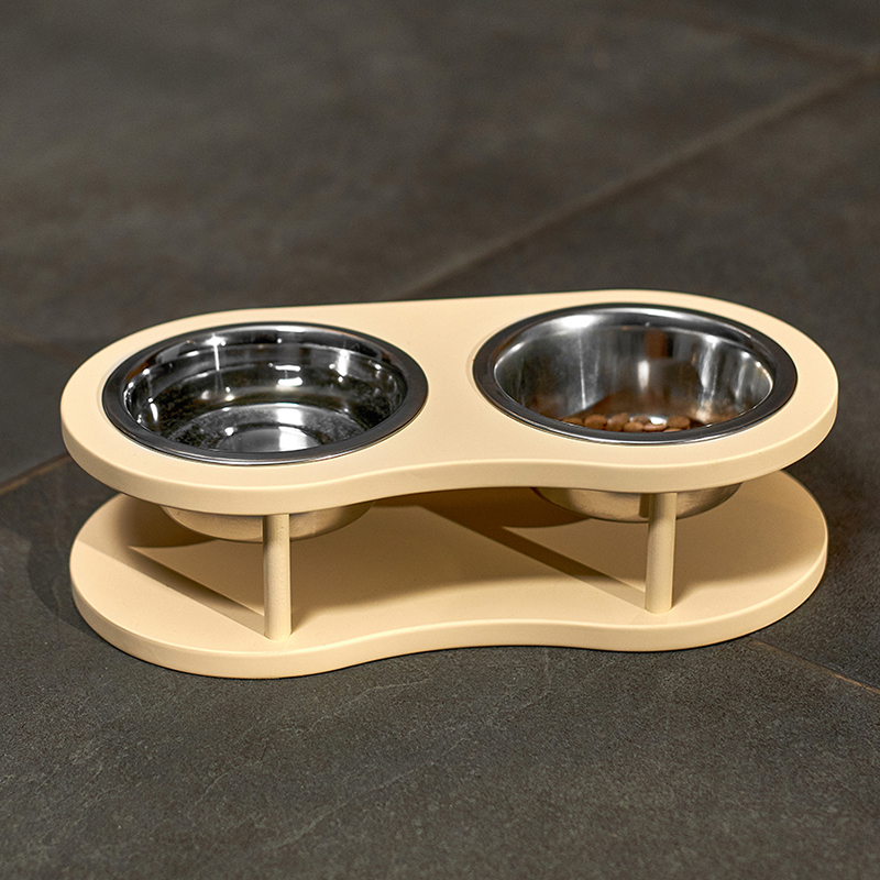 Миска для кошек Котомото двойная, на деревянной основе, сталь, бежевая, 2 по 0,26 л