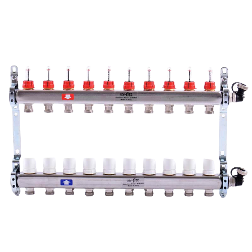 фото Коллекторная группа uni-fitt 1" х10 вых 3/4" с расходомерами и вентилями, нерж. сталь