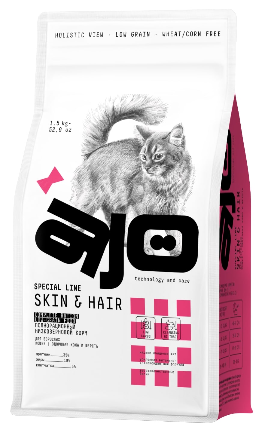 Сухой корм для кошек AJO Cat Skin & Hair, здоровая кожа и красивая шерсть, 1,5 кг