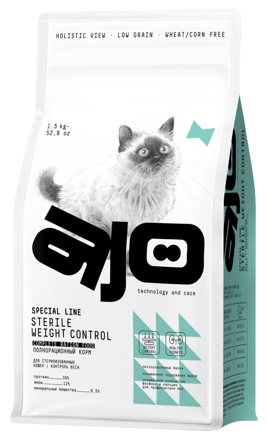 Корм ajo для кошек купить. Ajo Cat Sterile Weight Control сухой корм для стерилизованных кошек. Ajo корм для кошек стерилизованных. Special line Sterile корм. Корм ajo фото.