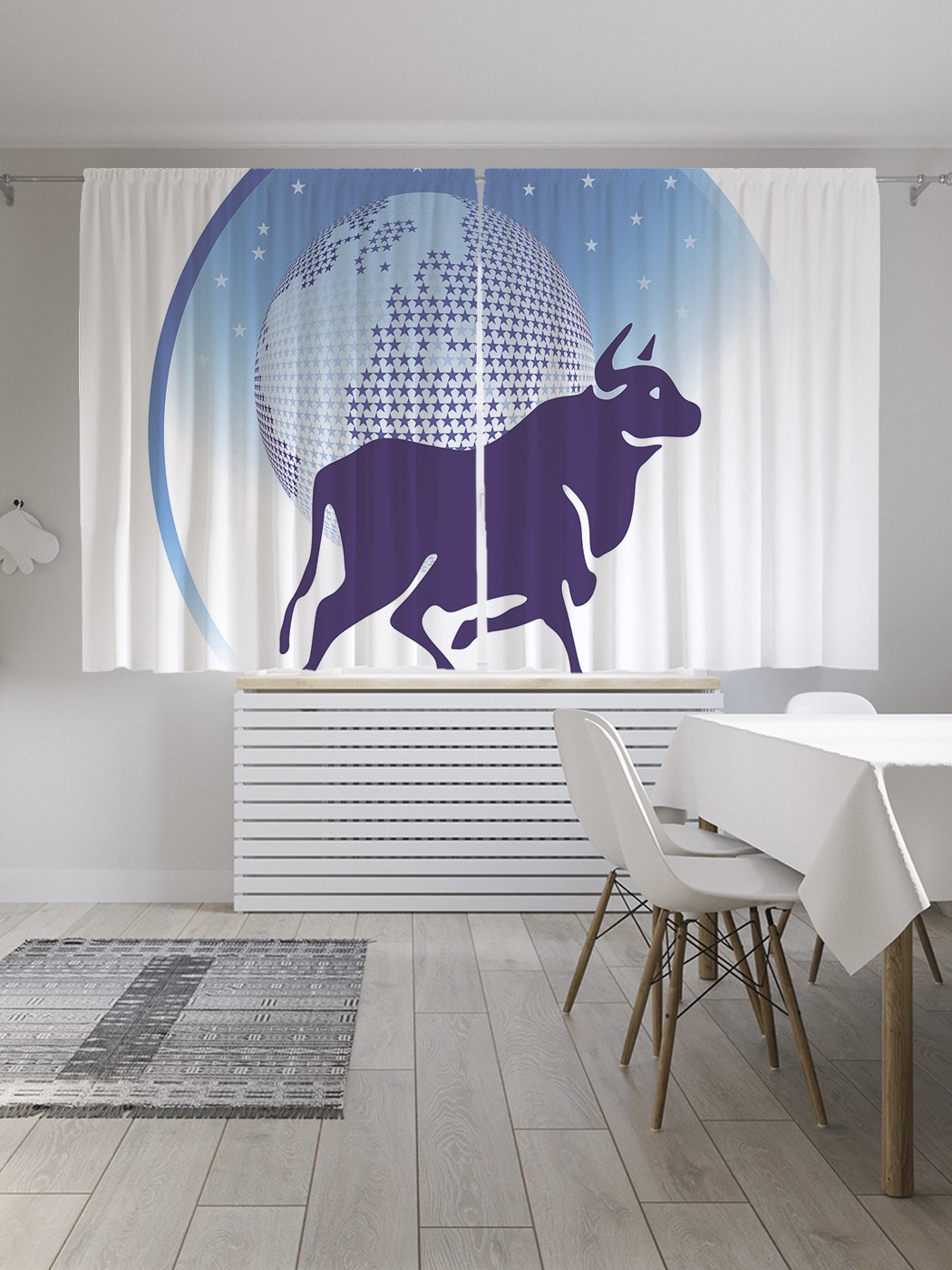 

Классические шторы JoyArty "Бык на фоне планеты", серия Oxford DeLux, 2 полотна 145x180 см, Бык на фоне планеты