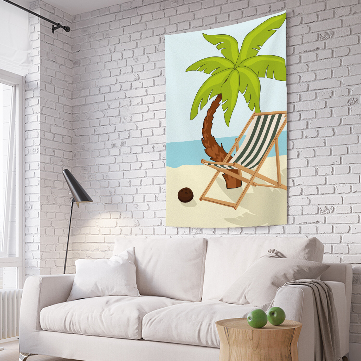 фото Вертикальное фотопанно на стену joyarty "шезлонг под пальмой на пляже", 150x200 см