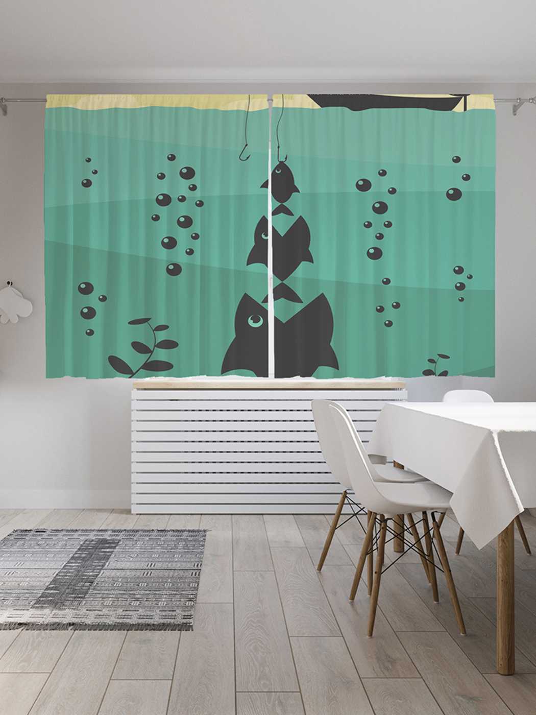 фото Классические шторы joyarty "рыбацкое веселье", серия oxford delux, 2 полотна 145x180 см