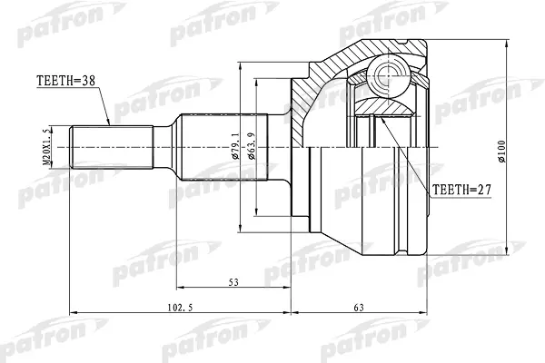 

ШРУС наружный 38x63.9x27 VW: TOUAREG 02- PATRON PCV1633