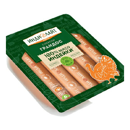 Сосиски Индилайт Грандос с кусочками филе бедра индейки вареные 440 г