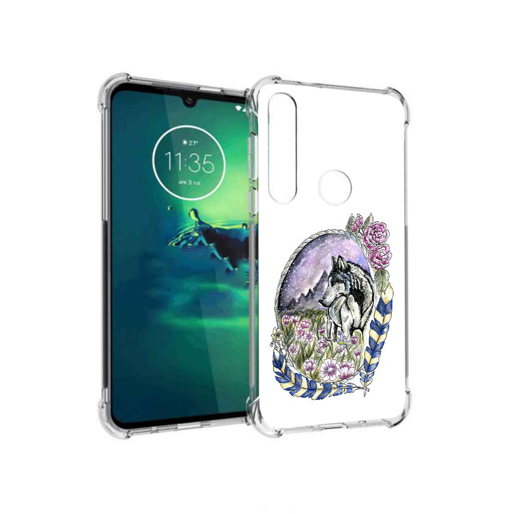 

Чехол MyPads Tocco для Motorola Moto G8 Plus нарисованный волк в цветах с перьями, Прозрачный, Tocco