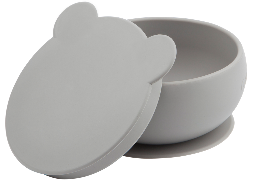 фото Силиконовая глубокая миска с присоской и крышкой minikoioi bowly - powder grey серый