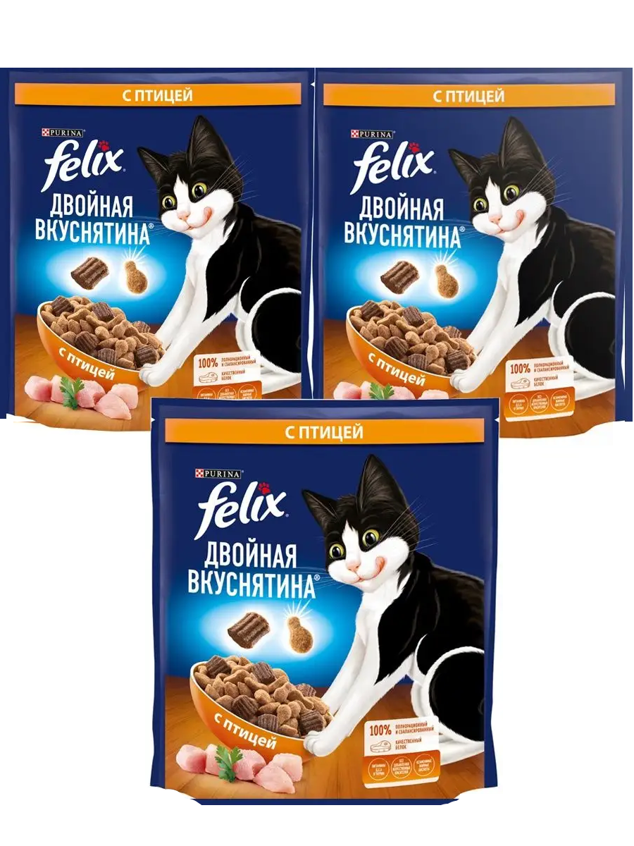 Сухой корм для кошек Felix Двойная вкуснятина, с птицей, 3 шт по 600 г