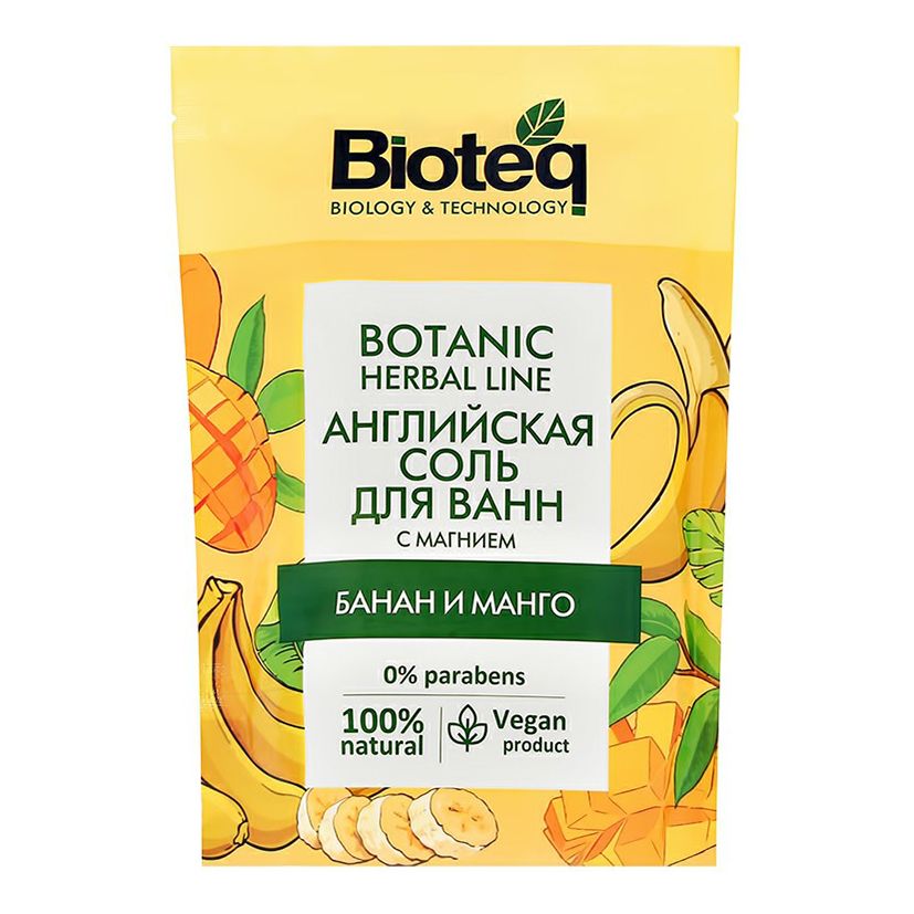 

Соль для ванн Bioteq Английская с магнием банан и манго 500 г, Желтый